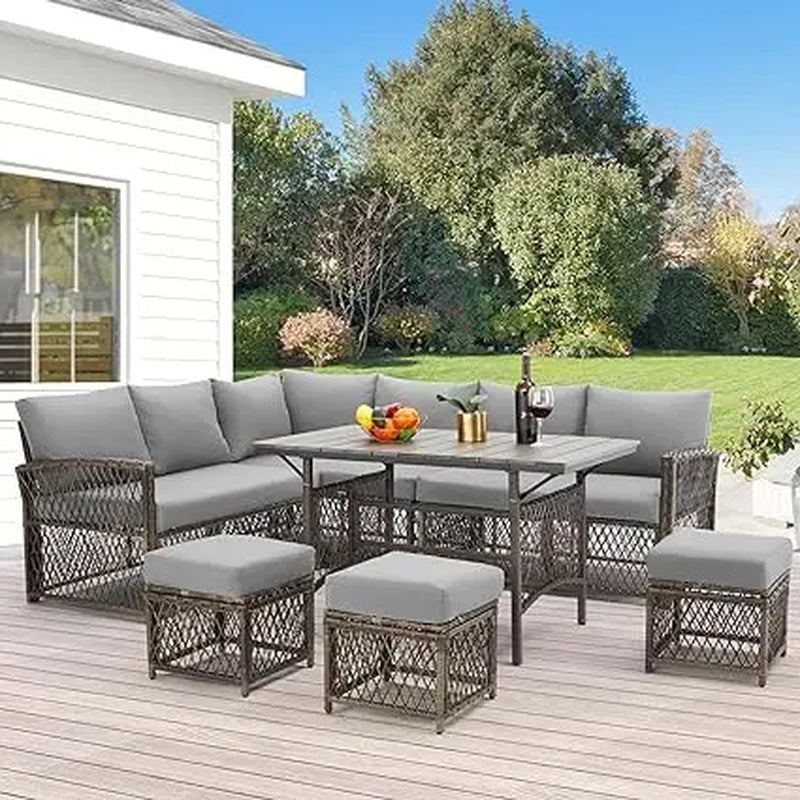 Patio Furniture Set 7 Pieces Outdoor Patio Furniture with Dining Table&Chair All Weather Wicker Conversation Set Withottoman