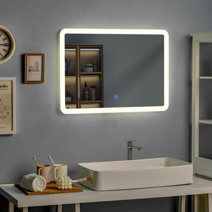 LED Wall-Mounted Bathroom Rounded Arc Corner Mirror with Touch