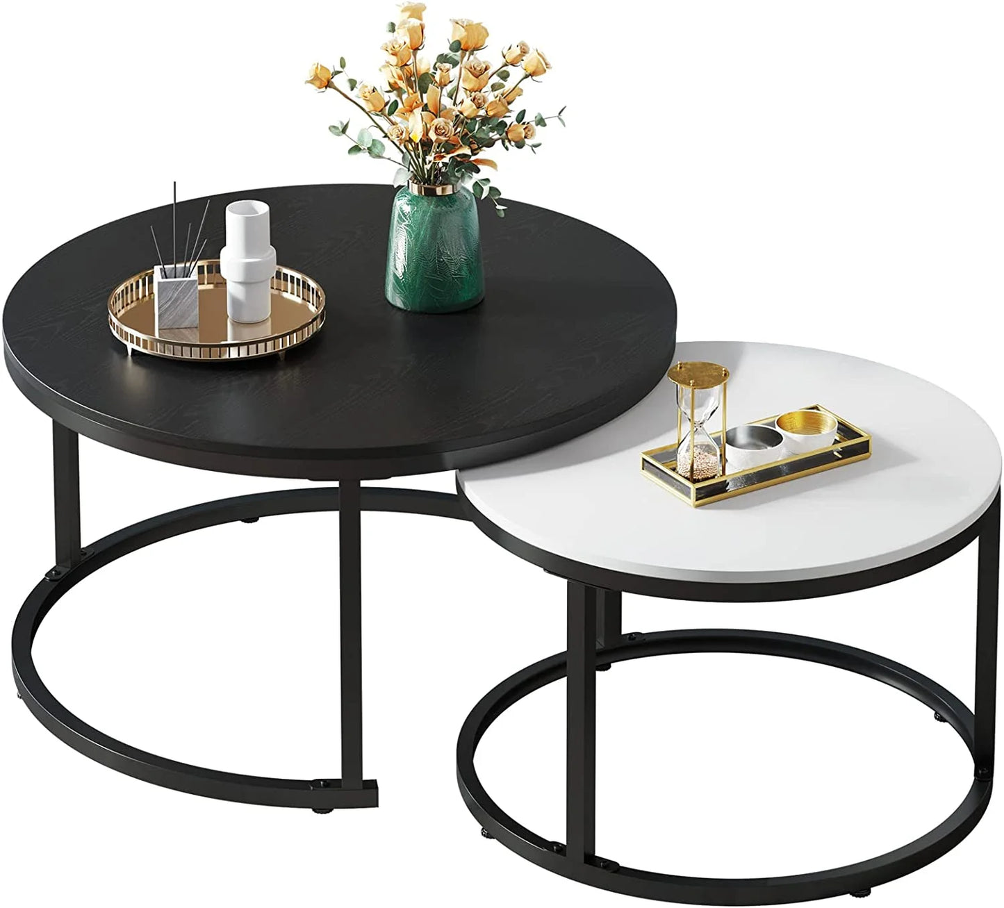 Wood round Nesting Coffee Table Set of 2,Snack End Table with Metal Frame for Living Room