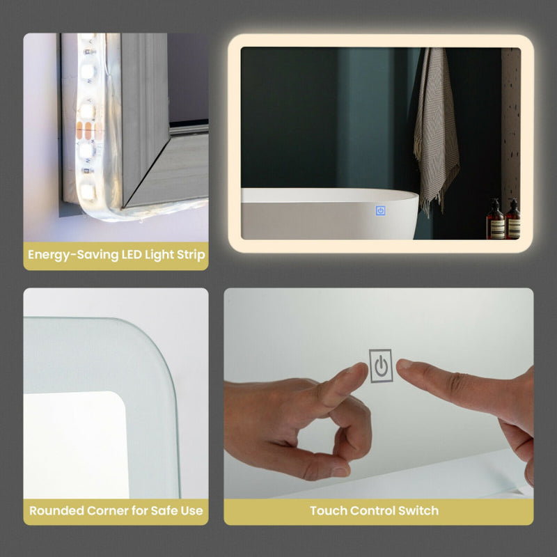 LED Wall-Mounted Bathroom Rounded Arc Corner Mirror with Touch