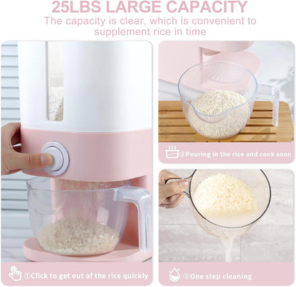 25 Lbs Pink Rice Dispenser, Plastic Food Storage Container, Large Rice Storage Container with Lid, Moisture Proof Household Cereal Dispenser Bucket, Sealed Grain Container Storage for Kitchen