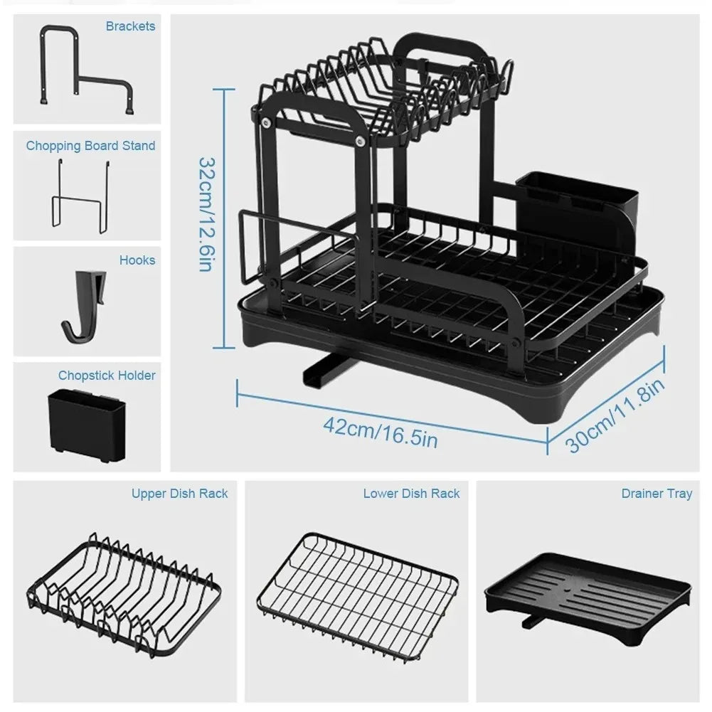 2 Tier Dish Bowl Drainer Storage Rack Kitchen Dish Drying Rack with Drain Basket Countertop Dinnerware Organizer Drainboard