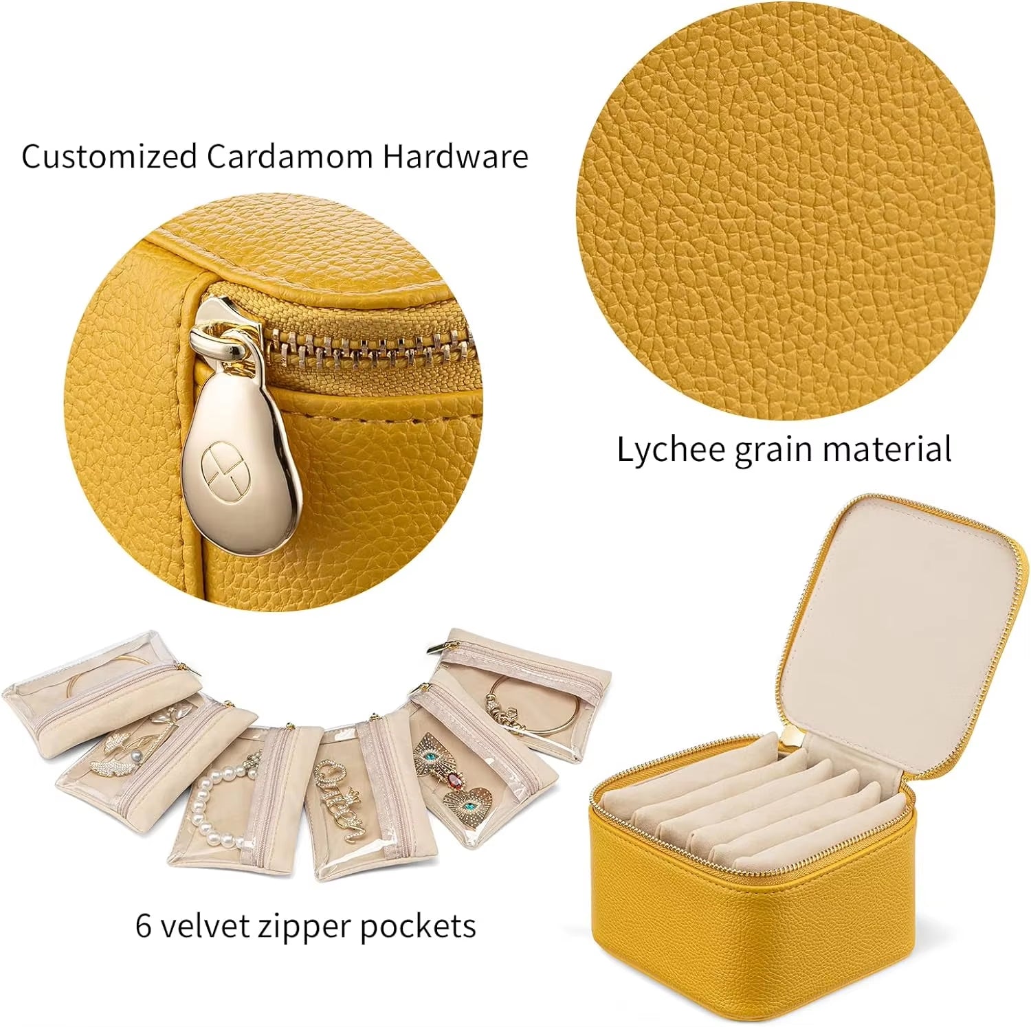 Women Travel Jewelry Box with 6 Velvet Zippered Pockets Earring Necklace Ring Storage Box Genuine Leather Simple Jewelry Case