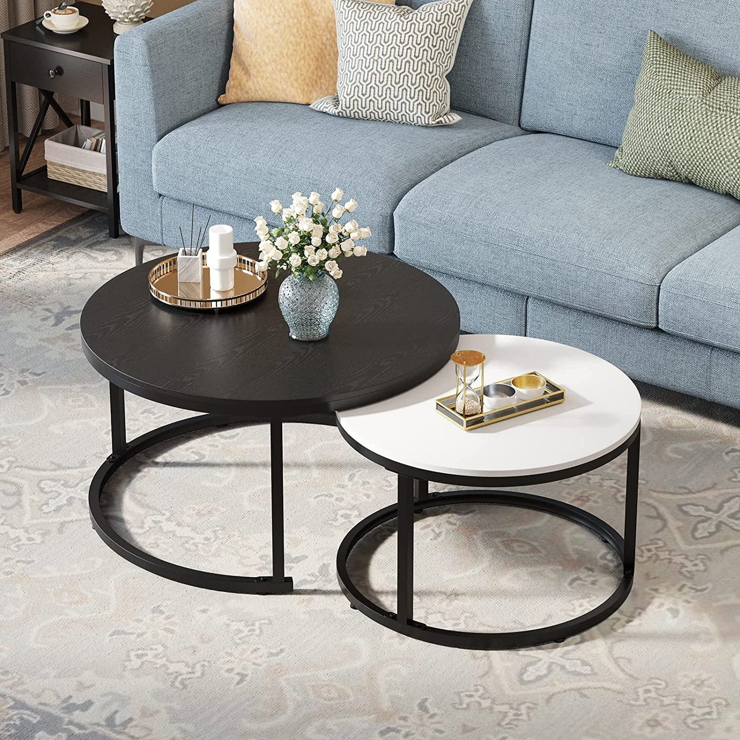 Wood round Nesting Coffee Table Set of 2,Snack End Table with Metal Frame for Living Room