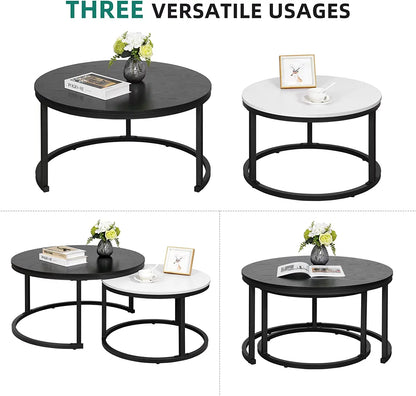 Wood round Nesting Coffee Table Set of 2,Snack End Table with Metal Frame for Living Room