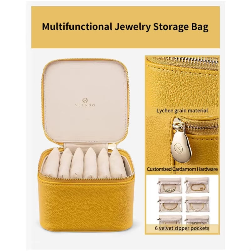 Women Travel Jewelry Box with 6 Velvet Zippered Pockets Earring Necklace Ring Storage Box Genuine Leather Simple Jewelry Case