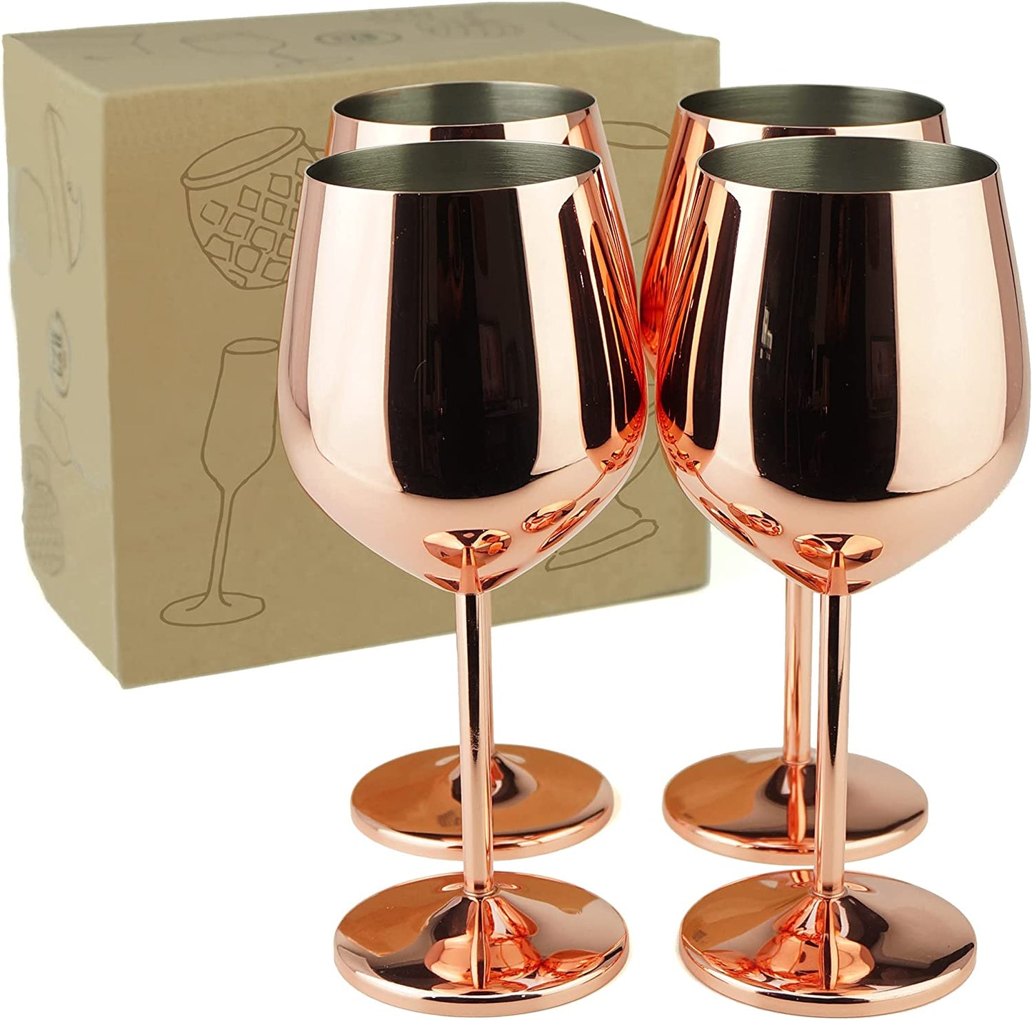 Copper / Rose Gold Stem Stainless Steel Wine Glass Set 4 - 18.5 Oz