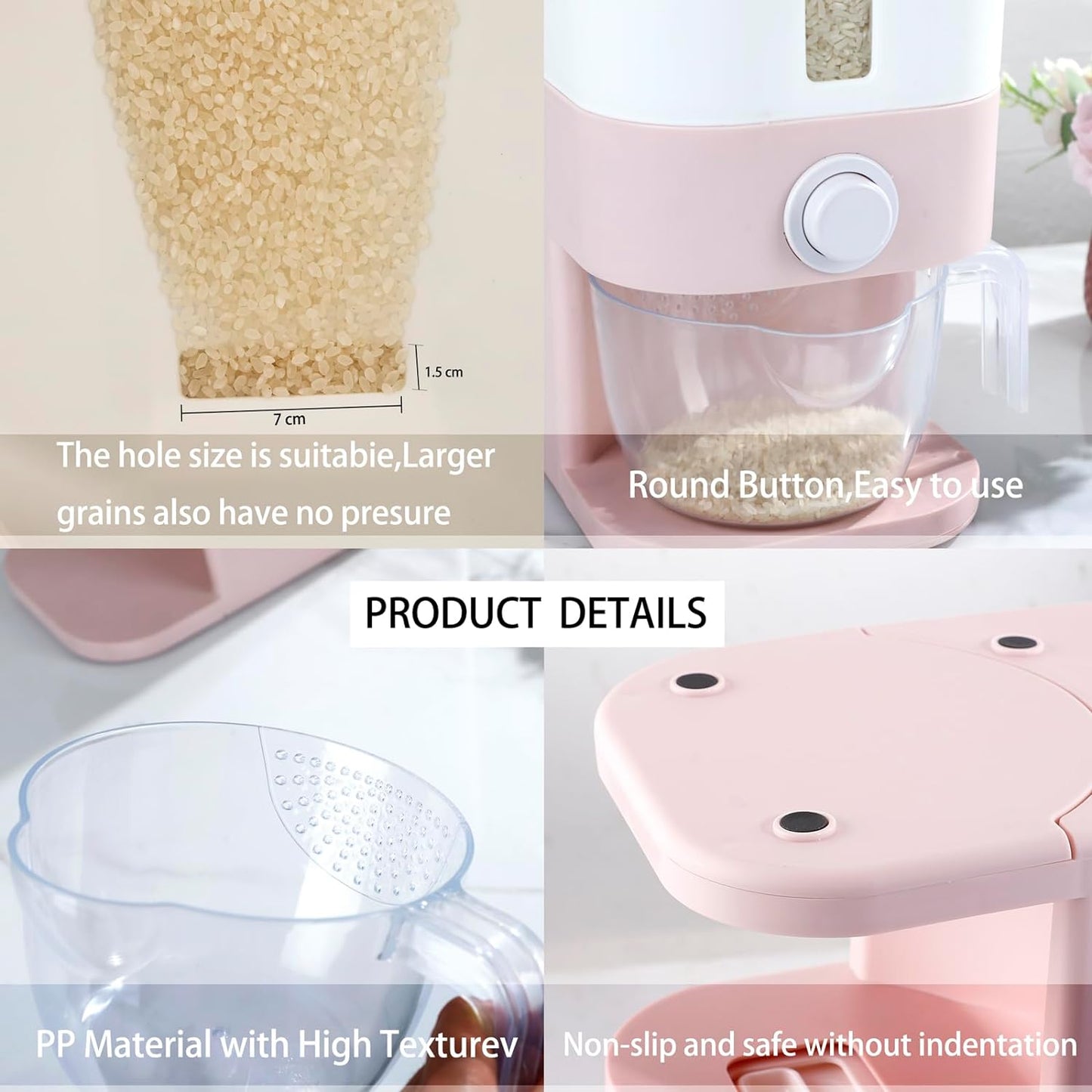 25 Lbs Pink Rice Dispenser, Plastic Food Storage Container, Large Rice Storage Container with Lid, Moisture Proof Household Cereal Dispenser Bucket, Sealed Grain Container Storage for Kitchen