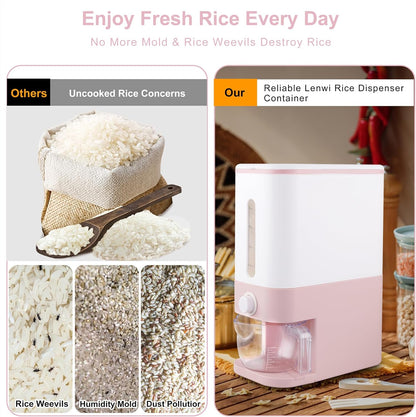 25 Lbs Pink Rice Dispenser, Plastic Food Storage Container, Large Rice Storage Container with Lid, Moisture Proof Household Cereal Dispenser Bucket, Sealed Grain Container Storage for Kitchen