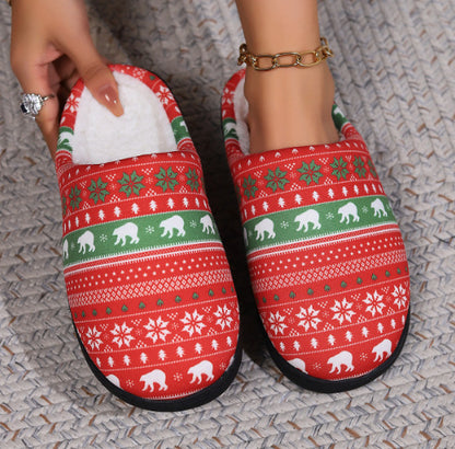 Christmas Snowman Elk Santa Claus Print Slippers Winter Warm Plush Slippers Indoor Non-slip Floor Bedroom Shoes