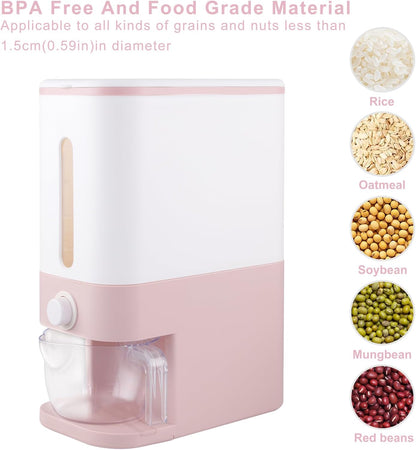 25 Lbs Pink Rice Dispenser, Plastic Food Storage Container, Large Rice Storage Container with Lid, Moisture Proof Household Cereal Dispenser Bucket, Sealed Grain Container Storage for Kitchen