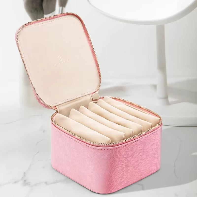 Women Travel Jewelry Box with 6 Velvet Zippered Pockets Earring Necklace Ring Storage Box Genuine Leather Simple Jewelry Case